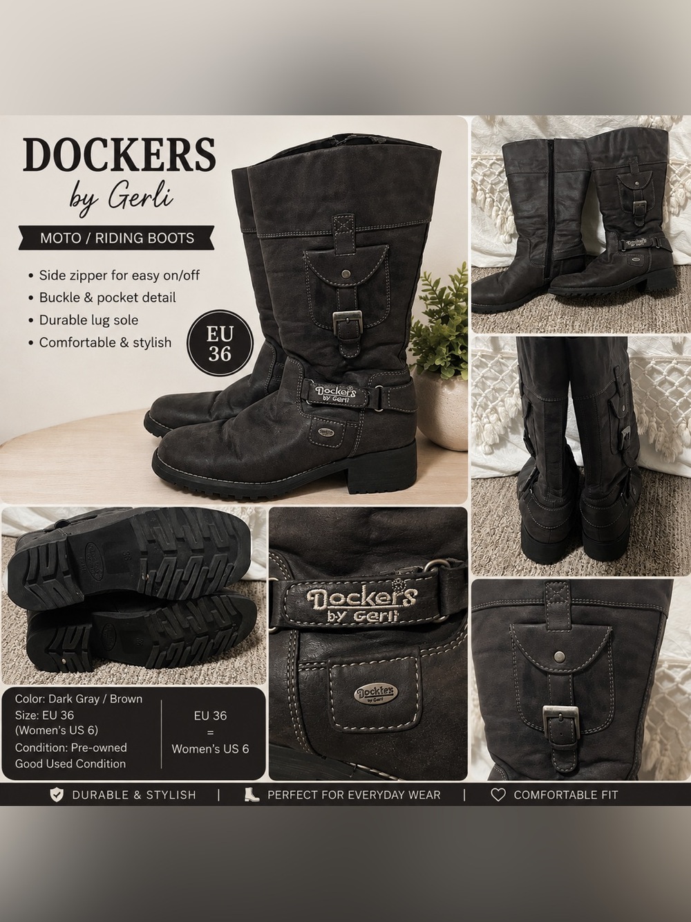 Dockers by Geri - Women's Dark Grey Moto Riding Boots, EU 36 (US 6).